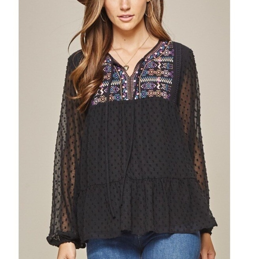 Savanna Jane Babydoll Top S Black Sheer Sleeves Floral Embroidered‎ Boho